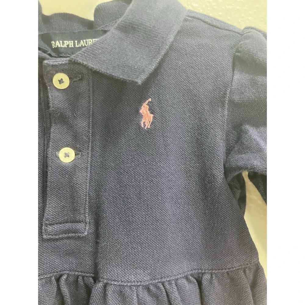 Ralph Lauren 18M Girls Long Sleeve Blue Collared Dress Pink Pony Preppy Classic